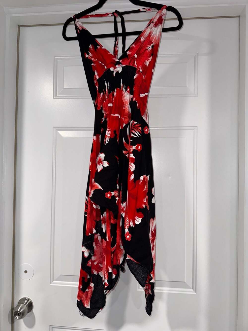 Red Black Tropical Floral Handkerchief Dress Halter Y2K Beach Boho One Size